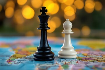 Poster - Chess pieces on a map with golden bokeh lights in the background.