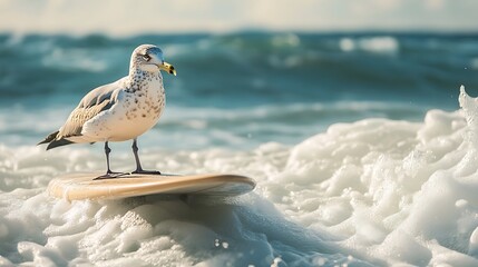 Canvas Print - Seagull perched on surfboard in ocean waves.