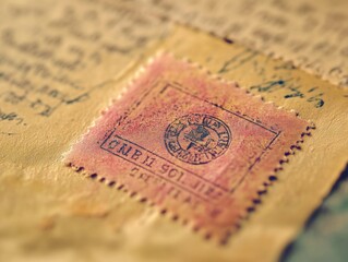 close-up of a vintage stamp impression with uneven ink coverage, paired with tactile paper backgroun