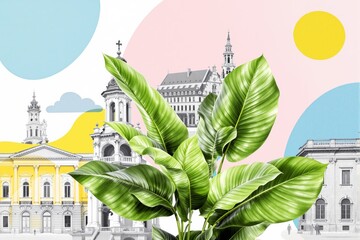 Poster - Vibrant tropical leaves with historical architecture on pastel background.