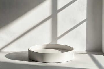 Poster - Minimalist white round podium in sunlit room.