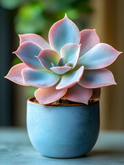 Pastel pink and blue succulent in a light blue pot.