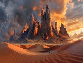 Wall Mural - Dramatic sunset over sandstone rock formations in a desert landscape.