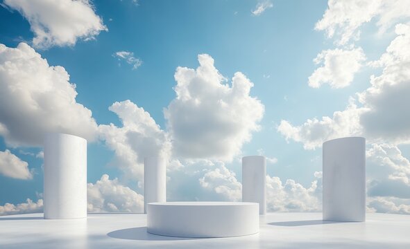 White cylindrical podiums on a bright, cloudy sky background.