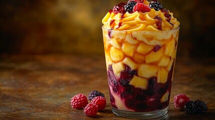 Wall Mural - Delicious mango dessert parfait with berries and cream in a glass.