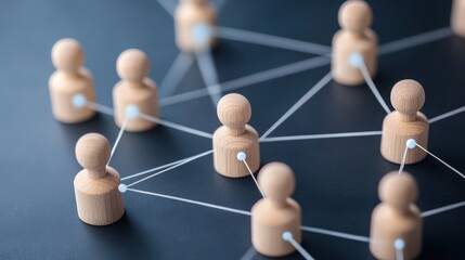Poster - Interconnected Wooden Figures: A network of wooden figures connected by white strings on a dark background, symbolizing the power of community, collaboration, and interconnectedness.