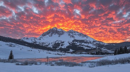 Wall Mural - Fiery sunrise paints a snow-capped mountain and frozen lake with vibrant, colorful clouds.