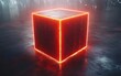 © Dwi - Glowing red neon cube on dark surface.