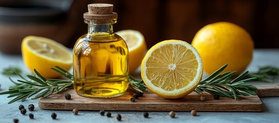 Sticker - Glass bottle of yellow oil with lemon and rosemary on wooden board.