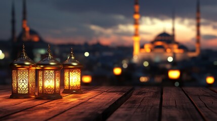 Poster - The image features ornate lanterns on a wooden surface, set against a sunset backdrop with mosque silhouettes, creating a serene and picturesque atmosphere.