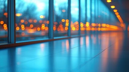 Poster - Evening reflections through modern glass windows illuminate a serene urban walkway