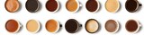 Collection of various coffee types in mugs, top view.