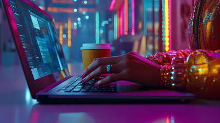woman codes on laptop in neon lit setting