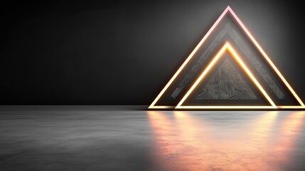 Poster - Chalkboard abstract background idea. Stylish geometric triangle shapes with glowing neon lights on a sleek surface.