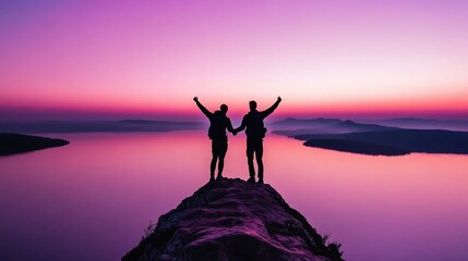 Poster - Couple silhouetted at sunset on mountaintop.