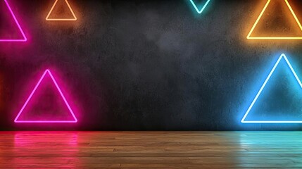 Poster - Chalkboard abstract background idea. Colorful neon triangles on a dark wall create a vibrant and modern backdrop.