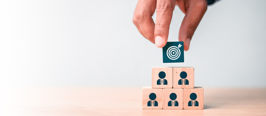 Wall Mural - leader and followers pointing. human icon for customer focus target group and customer relation mana