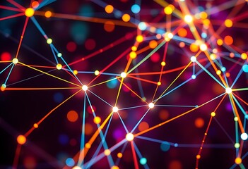 Poster - Colorful Network Nodes Illuminated Lines Dark Background Abstract Design