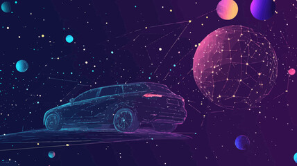 Poster - futuristic abstract vector car in starry universe with planets, stars and space elements, minimalist
