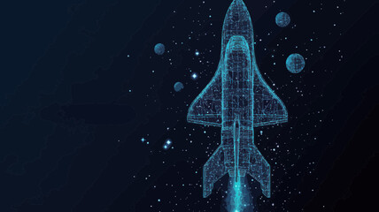 Poster - Abstract Starry Sky Space Shuttle Wireframe: Cosmic Universe with Planets and Stars in Flat Minimalist SVG Vector for Futuristic and Space Exploration Concepts
