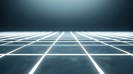 Poster - Grid abstract background idea. Futuristic grid floor with glowing lines and smooth surface in a dark space.
