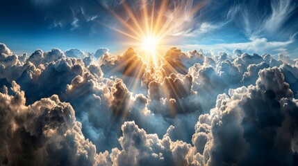 Day of Judgment.Dramatic rays of sunlight breaking through dense clouds, creating a celestial and inspiring atmosphere in the blue sky.