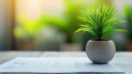Poster - A vibrant green plant in a modern pot enhances a bright workspace atmosphere.