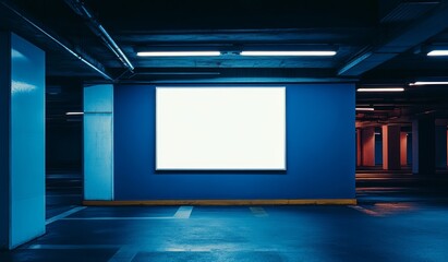 Wall Mural - Blank billboard in a modern parking garage at night.