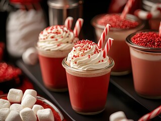 Wall Mural - Festive red drinks topped with whipped cream and candy canes, surrounded by marshmallows and sprinkles, create a cozy holiday atmosphere.