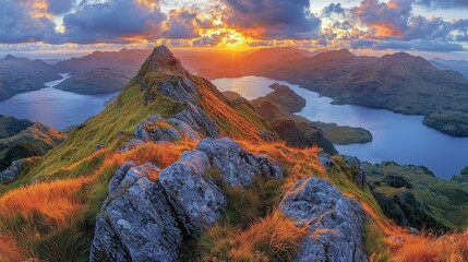 Wall Mural - Panoramic sunset view from mountain peak overlooking serene loch and dramatic landscape.