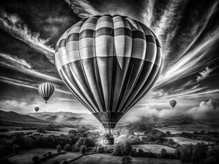 Wall Mural - Black and White Hot Air Balloon Illustration - Low Light, Vintage Style