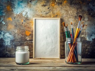 Wall Mural - Blank Canvas, Paint Brushes, & Paint Jars on Rustic Concrete Background -  Artistic Still Life Photography