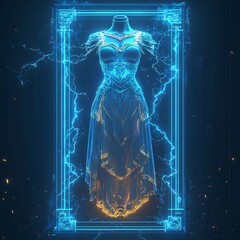 glowing blue fantasy dress on mannequin.