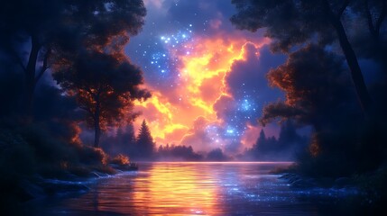 Wall Mural - Enchanting Forest River Sunset Magical Sky