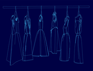 Poster - Blue image of dresses hanging on a rack. The dresses are all different styles and colors, and they are all hanging at different heights. Concept of variety and diversity
