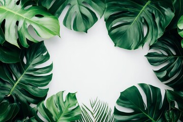 Wall Mural - Lush green tropical leaves frame on white background.