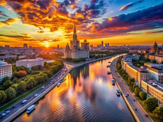 Wall Mural - Breathtaking Moscow River Sunset: Drone Aerial View