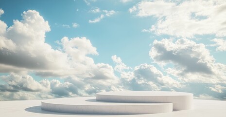 Two white round platforms against a bright blue sky with fluffy clouds.