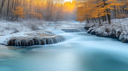 Wall Mural - Serene Winter Waterfall Cascading Through Snowy Forest