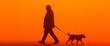 © DIAHIMAGESNEW - Silhouette of a man walking his dog against an orange background.