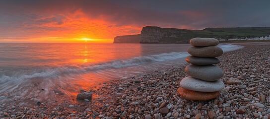 Wall Mural - Serene sunrise over ocean beach with stacked stones.