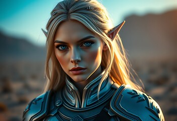 Fairytale Elf Warrior Golden Hair Silver Armor Desert Background