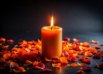 Wall Mural - Candlelight Romance: Orange and Red Petals Surround a Glowing Candle in the Dark