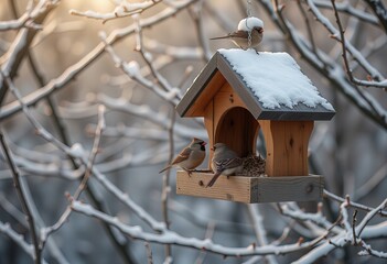 Cardinals and sparrows feeding at snowy birdhouse