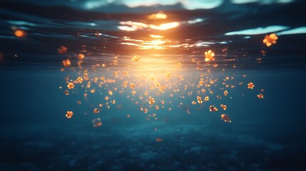 Wall Mural - Golden Flowers Falling Underwater At Sunset