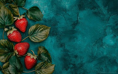 Wall Mural - Fresh red strawberries with green leaves on teal background.