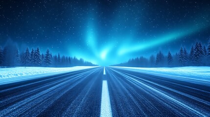 Wall Mural - Night Road Through Snowy Forest Under Aurora Borealis