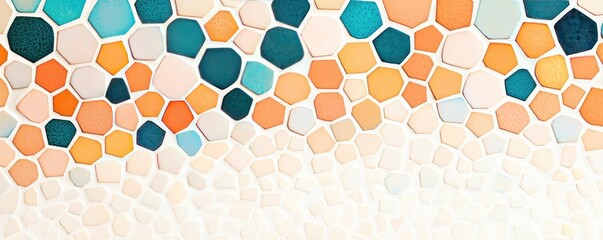 Poster - Mosaic abstract background concept. Colorful hexagonal pattern design in shades of blue, orange, and white for creative projects.
