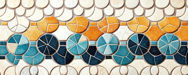 Poster - Mosaic abstract background concept. Colorful mosaic tile pattern featuring circular shapes in blue, orange, and white hues.