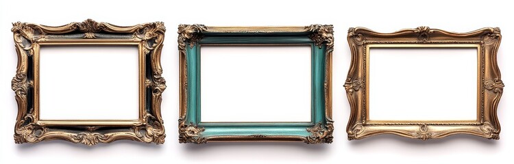 Wall Mural - Three ornate golden and teal picture frames isolated on white background.